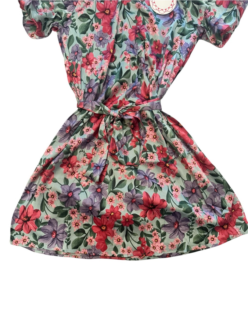 NWT Umgee Floral Puff-Sleeve Belted Mini Dress - Picture 4 of 7